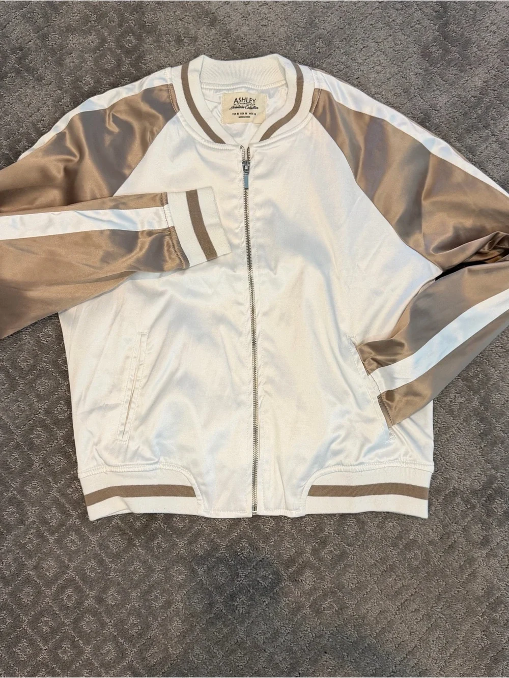 Classic Satin Bomber Jacket Beige Ivory Sz M Y2K Streetwear Festival Minimalist